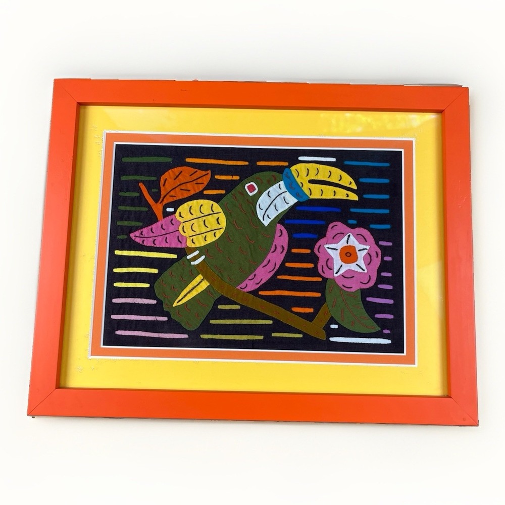 VTG Kuna Mola Hand Sewn Art Textile Fabric Folk Fabric Toucan Bird Framed